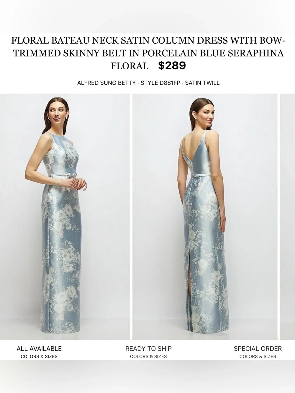 ALFRED SUNG Porcelain Blue Floral Satin Bateau Neck Maxi Dress - Picture 1 of 5